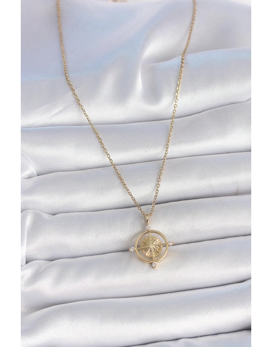 316L Çelik Gold Renk Zincir Zirkon Taşlı Pusula Model Kadın Kolye