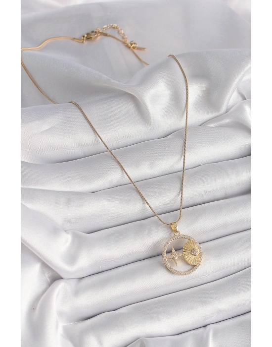 316L Çelik Gold Renk Zincir Zirkon Taşlı Yıldız İşleme Madalyon Model Kadın Kolye