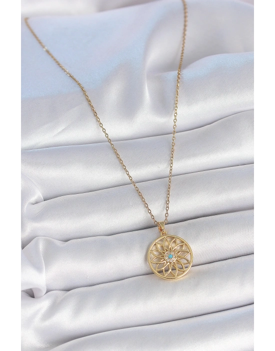 316L Çelik Gold Renk Zincr Mavi Taşlı Lotus Model Kadın Kolye