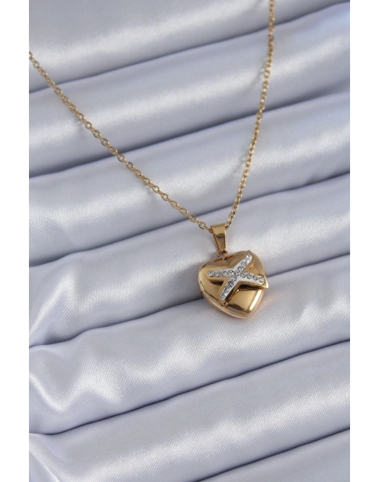316L Çelik Gold Renk Zirkon Detay Kalp Model Kadın Kolye
