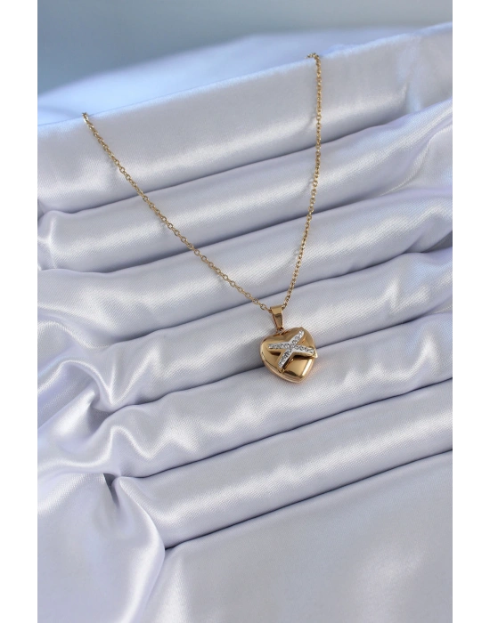 316L Çelik Gold Renk Zirkon Detay Kalp Model Kadın Kolye