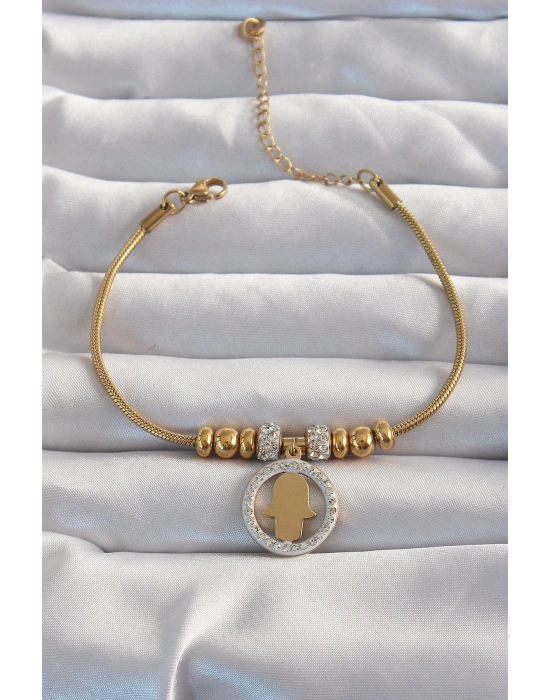 316L Çelik Gold Renk Zirkon Taş Aksesuarlı Fatma Ana Eli Bileklik