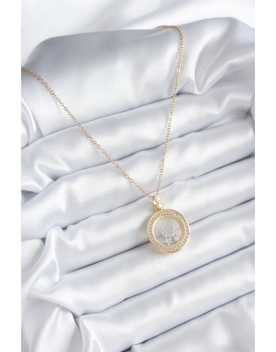 316L Çelik Gold Renk Zirkon Taş Detay Ay Yıldız Fanus Model Kadın Kolye