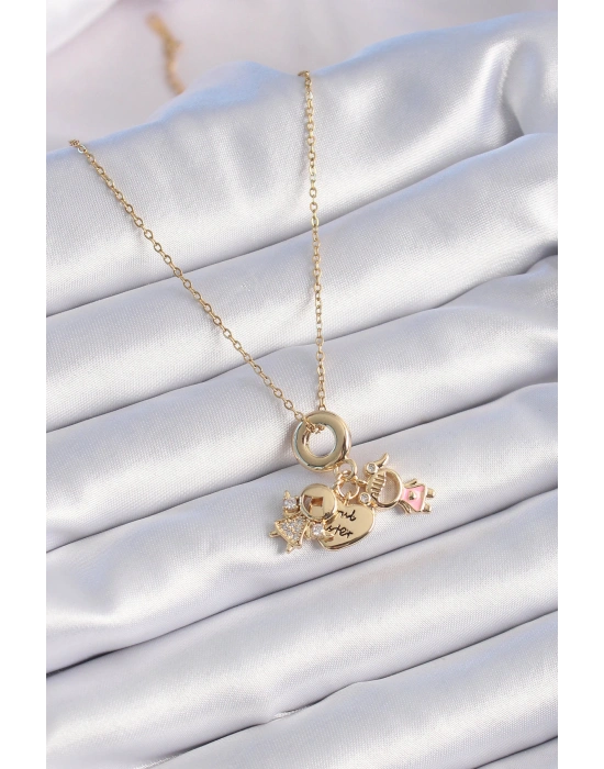 316L Çelik Gold Renk Zirkon Taş Detay Çocuk Figür Charm Model Kadın Kolye
