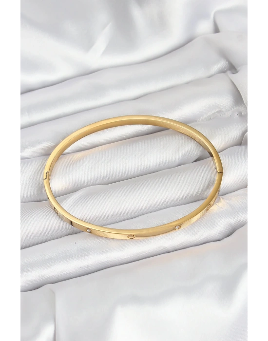 316L Çelik Gold Renk Zirkon Taşlı 65 mm İnce Kadın Kelepçe Bileklik