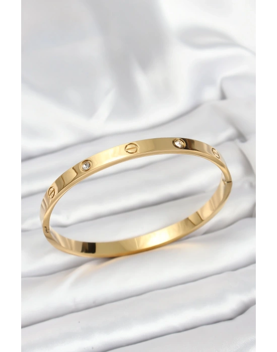 316L Çelik Gold Renk Zirkon Taşlı 65 mm Kadın Kelepçe Bileklik