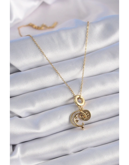 316L Çelik Gold Renk Zirkon Taşlı Ay Yıldız  Model Charm Model Kadın Kolye