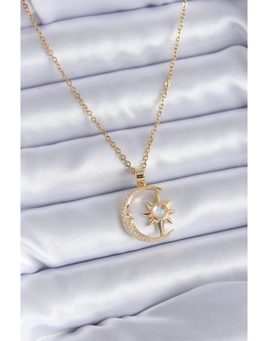 316L Çelik Gold Renk Zirkon Taşlı Ay Yıldız Model Kadın Kolye