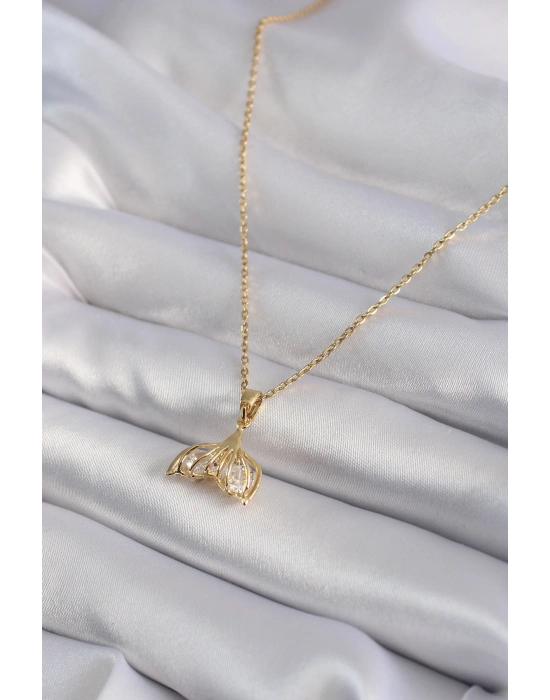 316L Çelik Gold Renk Zirkon Taşlı Balık Kuyruğu Model Kadın Kolye