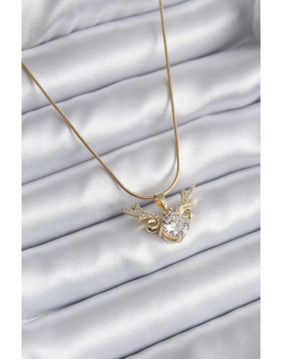 316L Çelik Gold Renk Zirkon Taşlı Boynuz Model Kadın Kolye