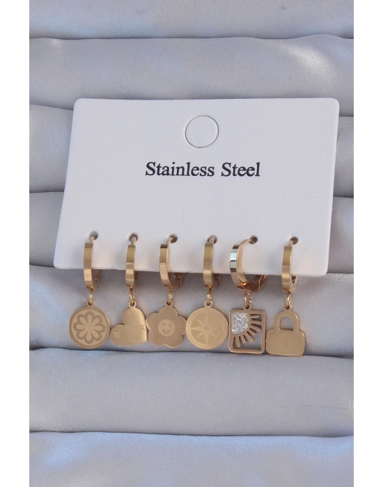 316L Çelik Gold Renk Zirkon Taşlı Çiçek Figürlü Kalp Model Halka Küpe Seti