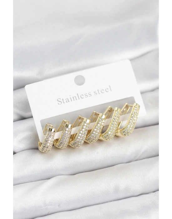 316L Çelik Gold Renk Zirkon Taşlı Damla Halka Küpe Seti