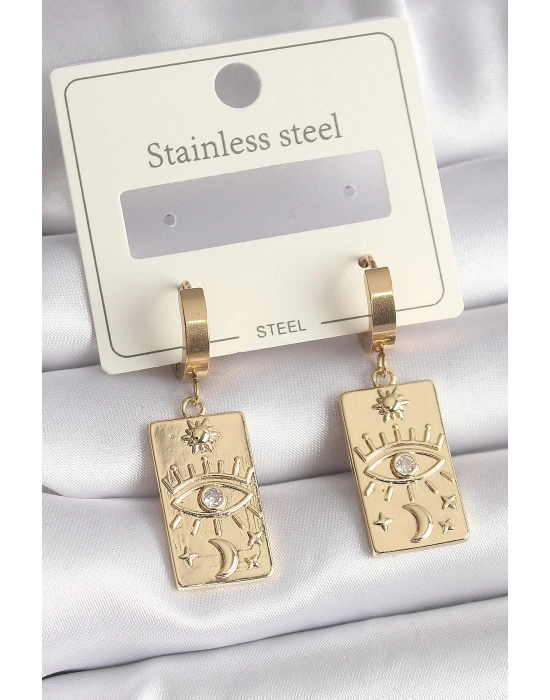 316L Çelik Gold Renk Zirkon Taşlı Göz İşleme Detay Plaka Model Kadın Küpe