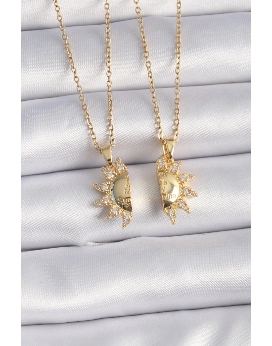 316L Çelik Gold Renk Zirkon Taşlı Güneş Model İşleme Yazı Detay Arkadaş Kolyesi