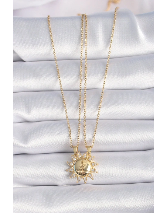 316L Çelik Gold Renk Zirkon Taşlı Güneş Model İşleme Yazı Detay Arkadaş Kolyesi