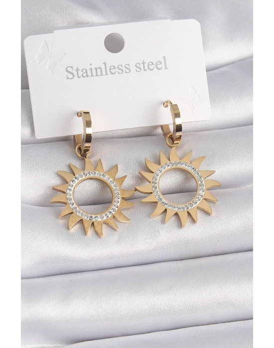 316L Çelik Gold Renk Zirkon Taşlı Güneş Model Kadın Küpe
