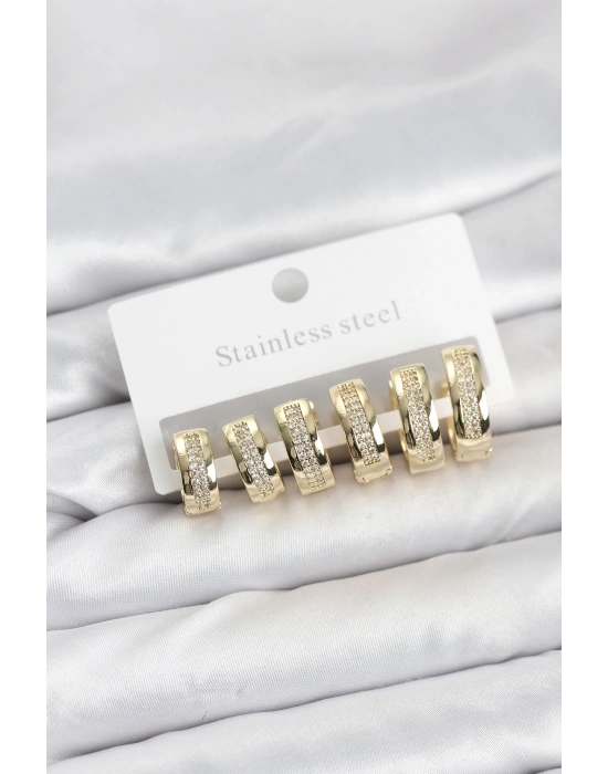 316L Çelik Gold Renk Zirkon Taşlı Halka Küpe Seti