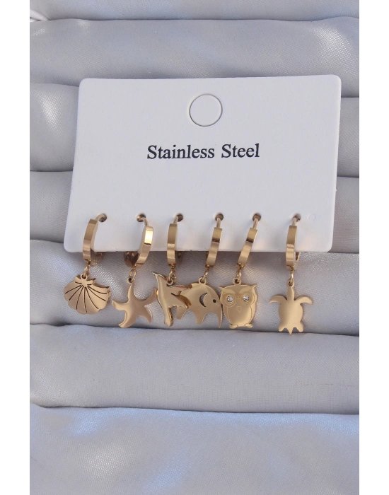 316L Çelik Gold Renk Zirkon Taşlı Hayvan Figürlü Deniz Yıldızı Model Halka Küpe Seti