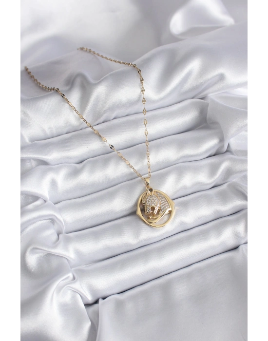 316L Çelik Gold Renk Zirkon Taşlı Jaguar Model Kadın Kolye