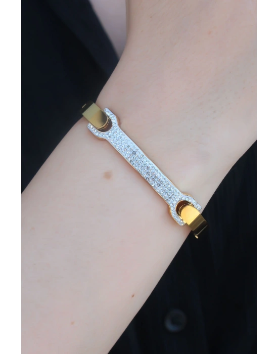 316L Çelik Gold Renk Zirkon Taşlı Kadın Kelepçe