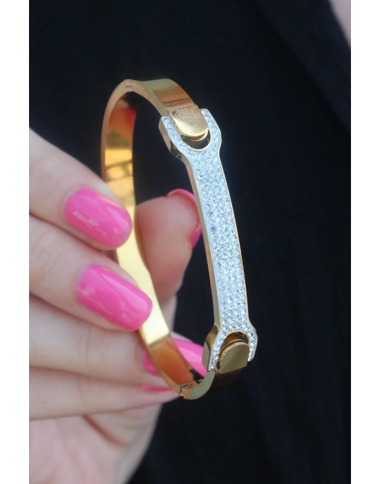 316L Çelik Gold Renk Zirkon Taşlı Kadın Kelepçe
