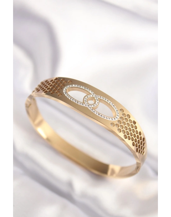 316L Çelik Gold Renk Zirkon Taşlı Kadın Kelepçe Bilezik
