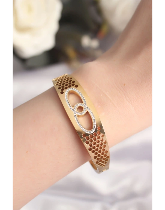 316L Çelik Gold Renk Zirkon Taşlı Kadın Kelepçe Bilezik