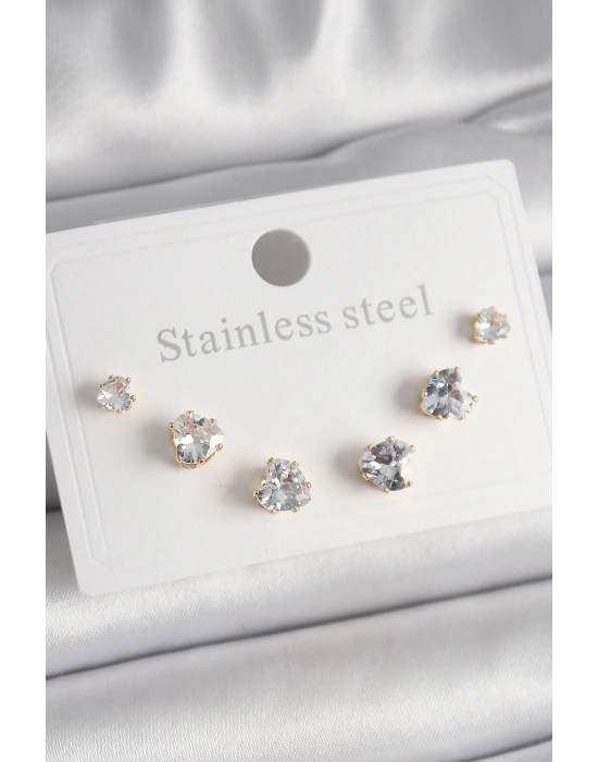 316L Çelik Gold Renk Zirkon Taşlı Kalp Model Kadın Küpe Seti