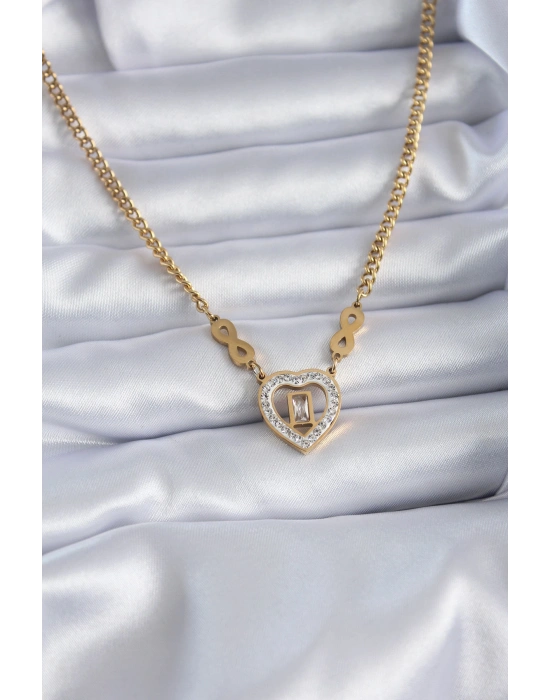 316L Çelik Gold Renk Zirkon Taşlı Kalp Model Sonsuzluk Detay Kadın Kolye