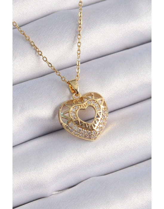 316L Çelik Gold Renk Zirkon Taşlı Kalp Model Vintage Kadın Kolye