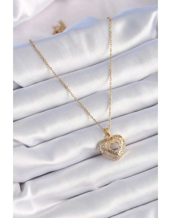 316L Çelik Gold Renk Zirkon Taşlı Kalp Model Vintage Kadın Kolye