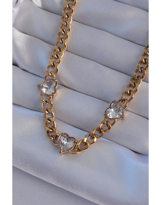 316L Çelik Gold Renk Zirkon Taşlı Kalp Model Zincir Kolye