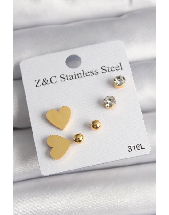 316L Çelik Gold Renk Zirkon Taşlı Kalpli Kadın Küpe Seti