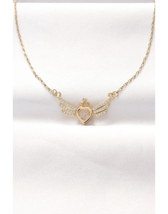 316L Çelik Gold Renk Zirkon Taşlı Kalpli Kanat Kolye