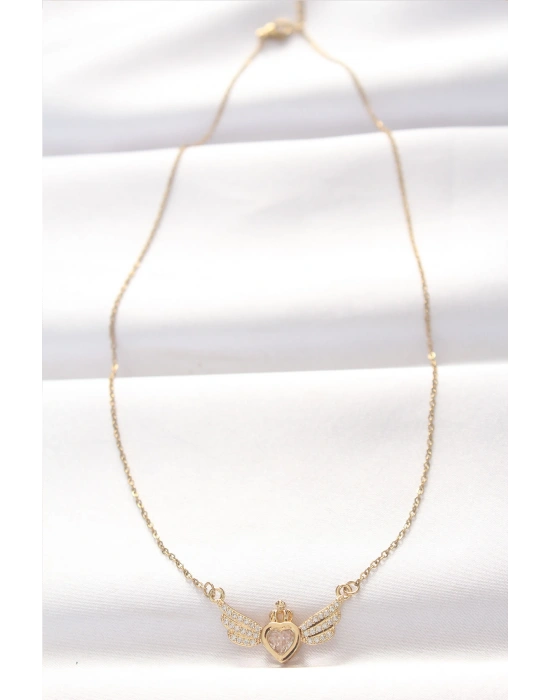 316L Çelik Gold Renk Zirkon Taşlı Kalpli Kanat Kolye