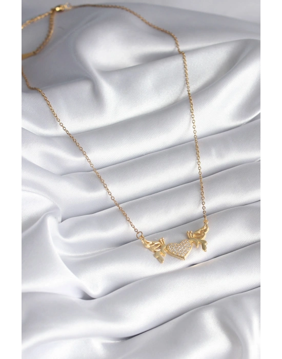 316L Çelik Gold Renk Zirkon Taşlı Kanatlı Kalp Model Kadın Kolye