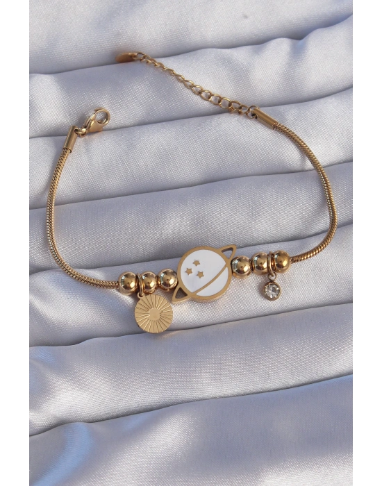 316L Çelik Gold Renk Zirkon Taşlı Mineli Satürn Tasarımlı Bileklik