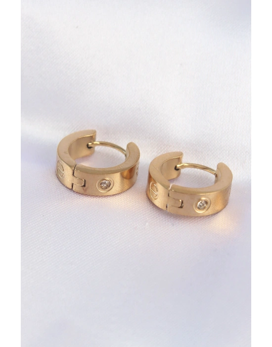 316L Çelik Gold Renk Zirkon Taşlı Minimal Model Halka Küpe