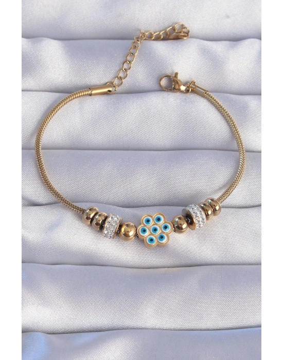 316L Çelik Gold Renk Zirkon Taşlı Nazarlı Çiçek Tasarımlı Bileklik