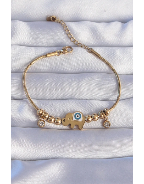 316L Çelik Gold Renk Zirkon Taşlı Nazarlı Fil Tasarımlı Bileklik