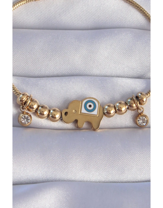 316L Çelik Gold Renk Zirkon Taşlı Nazarlı Fil Tasarımlı Bileklik