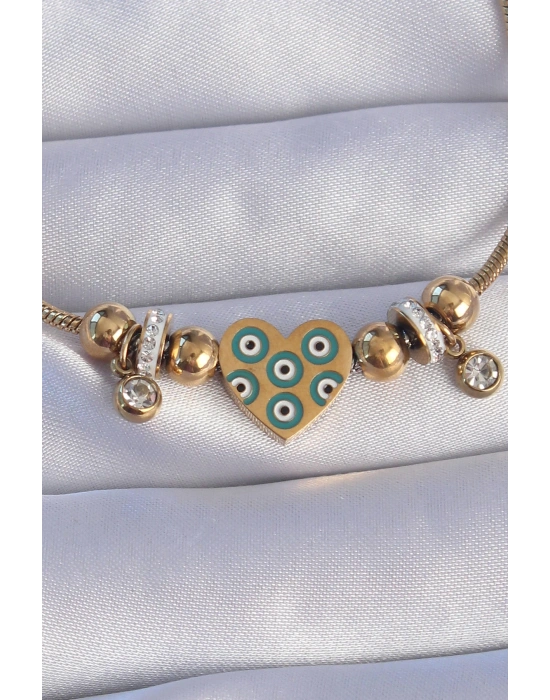 316L Çelik Gold Renk Zirkon Taşlı Nazarlı Kalp Tasarımlı Bileklik