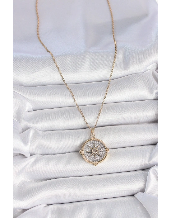 316L Çelik Gold Renk Zirkon Taşlı Pusula Model Kadın Kolye