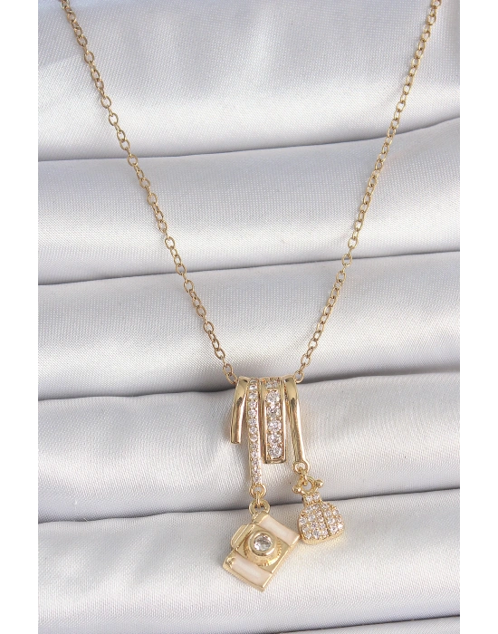 316L Çelik Gold Renk Zirkon Taşlı Sallantı Fotoğraf Makinası Figür Charm Kadın Kolye
