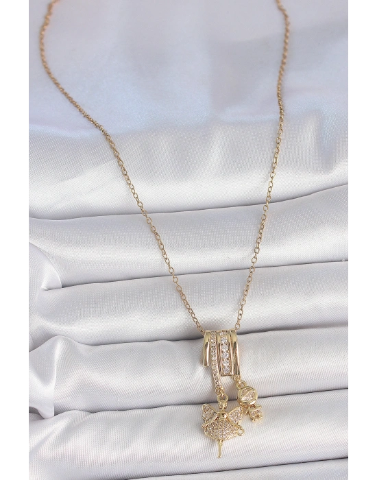 316L Çelik Gold Renk Zirkon Taşlı Sallantı Melek Figür Charm Kadın Kolye