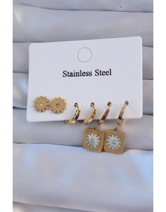 316L Çelik Gold Renk Zirkon Taşlı Sedefli Papatya Model Halka Küpe Seti