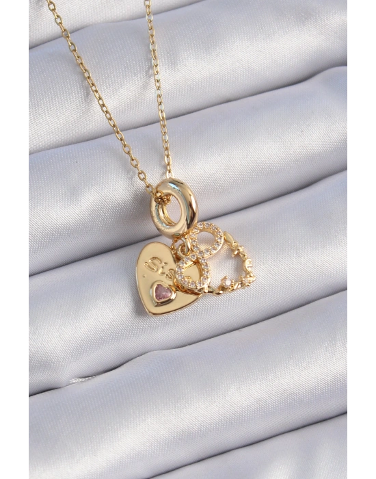 316L Çelik Gold Renk Zirkon Taşlı Sonsuzluk Kalp Figür Charm Model Kadın Kolye