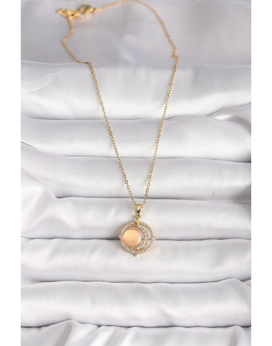 316L Çelik Gold Renk Zirkon Taşlı Turuncu Sedefli Hilal Model Kadın Kolye