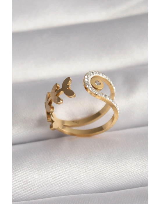 316L Çelik Gold Renk Zirkon Taşlı Yaprak Model Kadın Yüzük