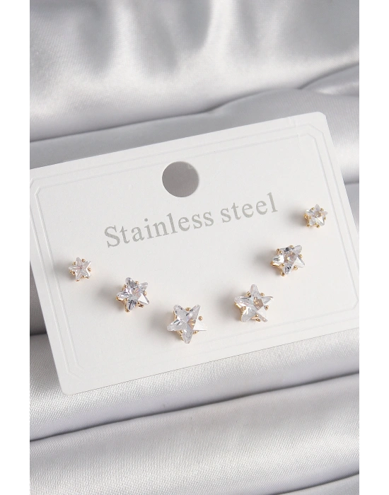 316L Çelik Gold Renk Zirkon Taşlı Yıldız Model Kadın Küpe Seti